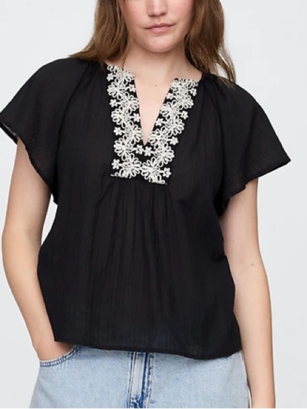 Gap Black Boho Embroidered Flutter Sleeve Relaxed Gauze Cotton Top